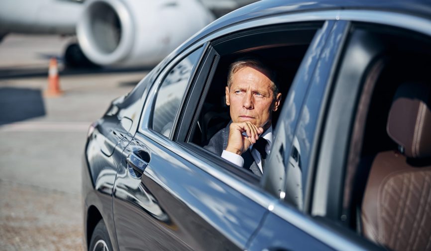 Mature elegant man during transfer after landing Collage of people buying, selling, and driving cars including luxury vehicles, electric cars, car dealerships, and family car transactions.