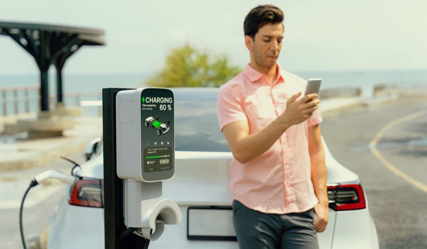 Holiday road trip vacation traveling to the nature with EV car. Perpetual Collage of people buying, selling, and driving cars including luxury vehicles, electric cars, car dealerships, and family car transactions.