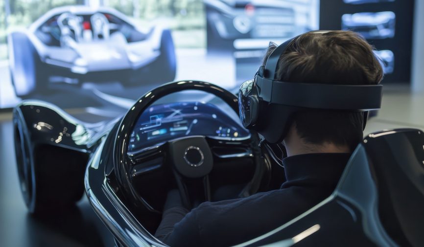 Virtual reality technology being used to visualize car designs and interiors Collage of people buying, selling, and driving cars including luxury vehicles, electric cars, car dealerships, and family car transactions.