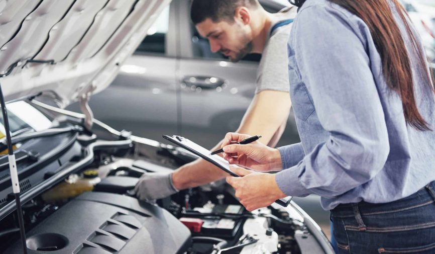 A man mechanic and woman customer look at the car hood and discuss repairs Collage of people buying, selling, and driving cars including luxury vehicles, electric cars, car dealerships, and family car transactions.