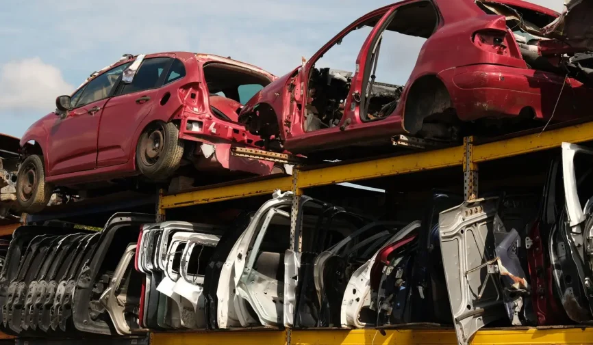 prepare-vehicle-sale-dublin A collection of stacked abandoned car shells in an outdoor junkyard on a sunny day